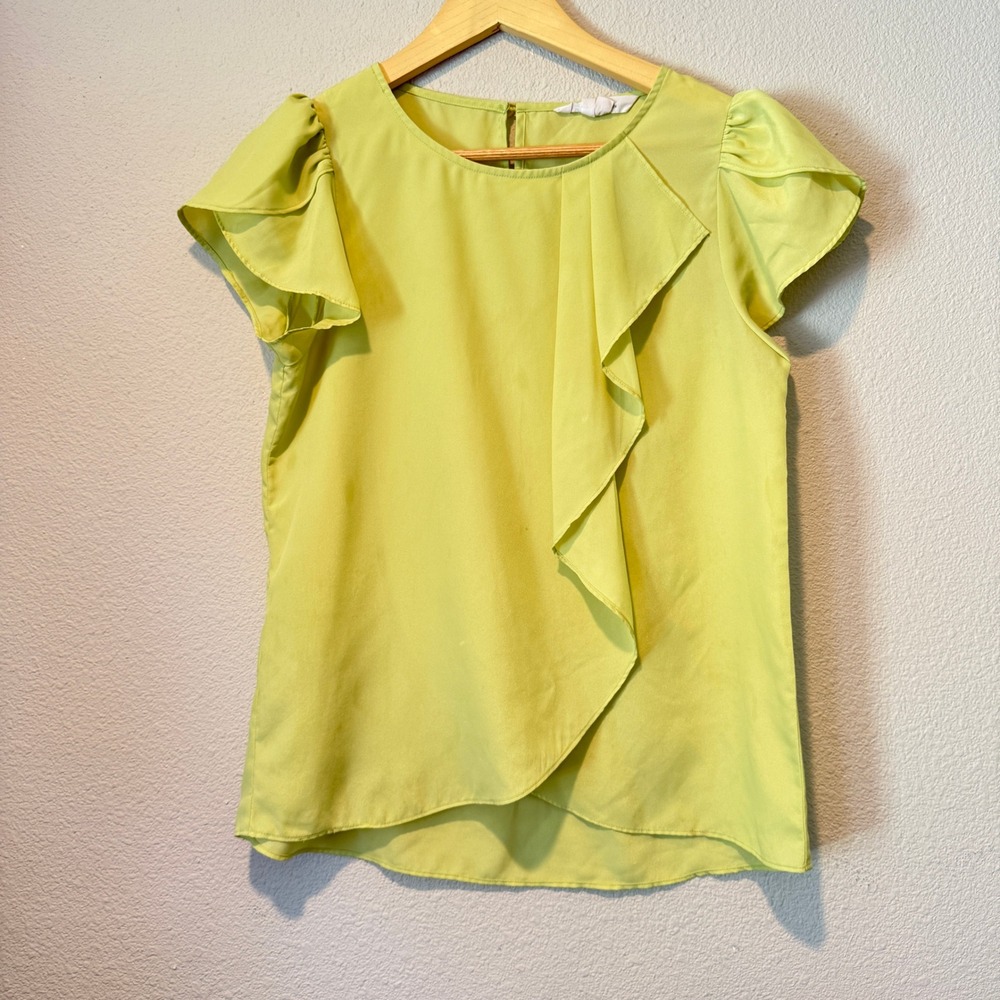 BCBGeneration Lime Green Ruffle Front Flutter Sleeve Blouse Top Small